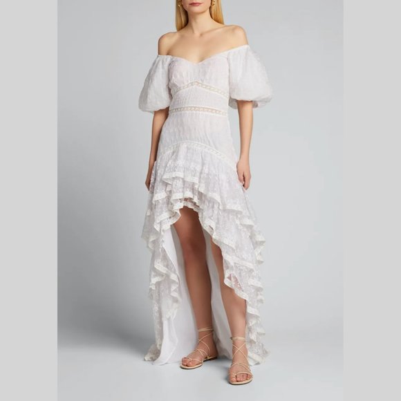 LoveShackFancy Cayden Silk High-Low Dress White Lace Eyelet Off Shoulder Gown - Picture 3 of 15